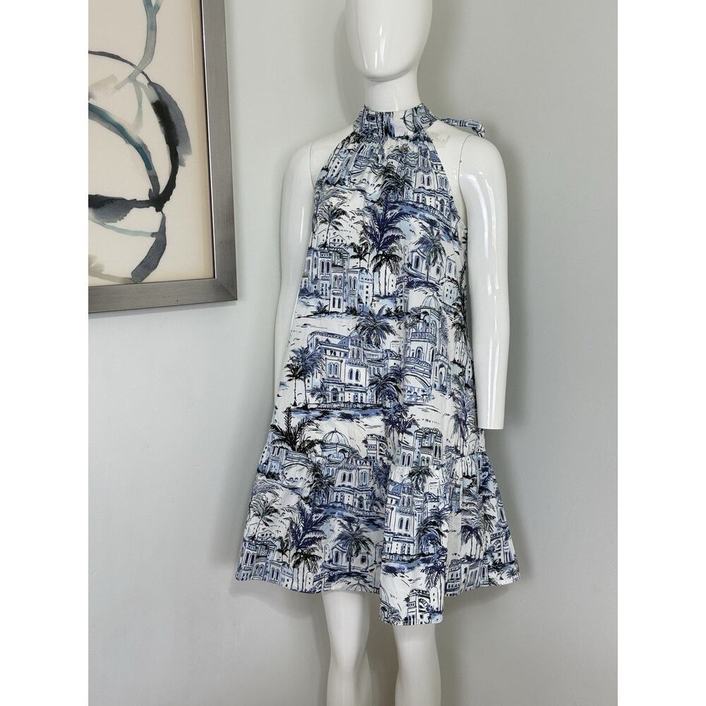 Calypso St Barth Blue Toile Halter Mini Dress Tiered Open Back Pockets Resort XS